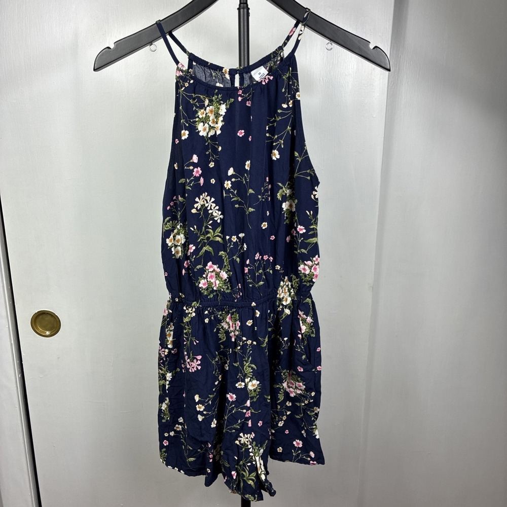 Old Navy Xs Navy Blue Floral Romper Pockets Open Back Spring Summer Vacation